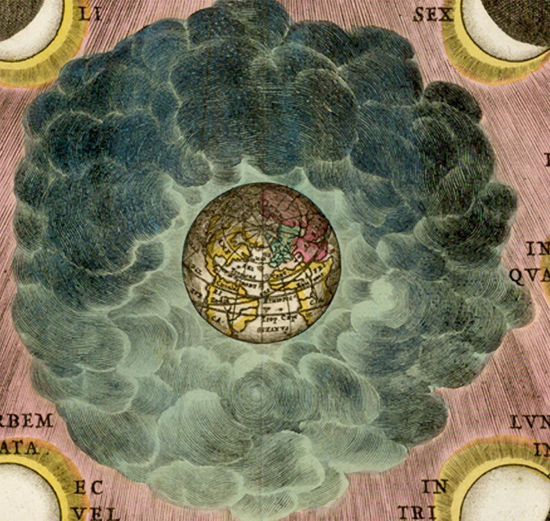 May include: A vintage illustration of a globe surrounded by clouds, with the text "IN TRI" and "LVN IN" visible in the lower right corner.