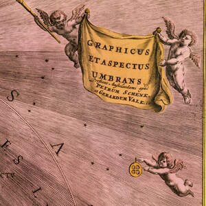 May include: An antique illustration of a celestial map with two cherubs holding a banner that reads "GRAPHICUS ETASPECTUS UMBRANS Preftant Amftelaedami apud PETRUM SCHENK et GERARDUM VALK."