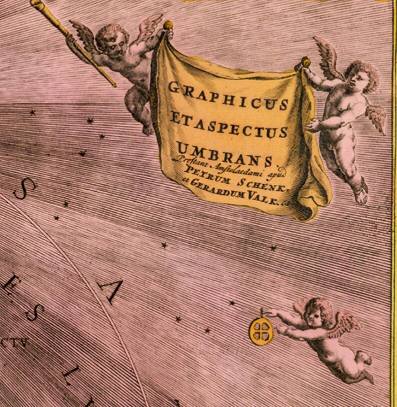 May include: An antique illustration of a celestial map with two cherubs holding a banner that reads "GRAPHICUS ETASPECTUS UMBRANS Preftant Amftelaedami apud PETRUM SCHENK et GERARDUM VALK."