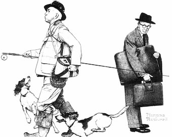 May include: A black and white illustration of two men walking with dogs. One man is carrying a fishing rod and a tackle box. The other man is carrying two briefcases. The dogs are running alongside them. The illustration is signed "Norman Rockwell".