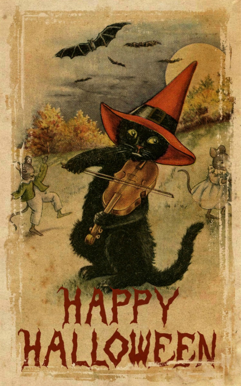 May include: Vintage Halloween postcard featuring a black cat wearing a red witch hat and playing a violin. The cat is surrounded by bats and a full moon. The text "HAPPY HALLOWEEN" is written in red at the bottom of the card.