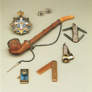 Faberge Giclee Print, Imperial Crown Cuff Links, Briarwood Pipe, Cigar Cutter, Mustache Comb, Russian Artwork, Imperial Russia, Carl Faberge