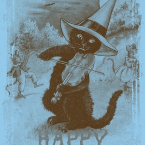 May include: A black cat wearing a witch's hat plays a violin while two mice watch. The background is a blue sky with bats flying and a full moon. The text "HAPPY HALLOWEEN" is at the bottom of the image.