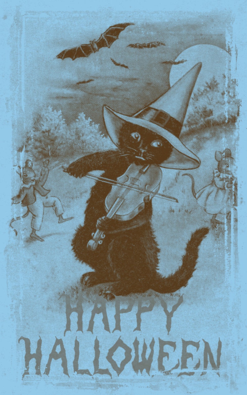 May include: A black cat wearing a witch's hat plays a violin while two mice watch. The background is a blue sky with bats flying and a full moon. The text "HAPPY HALLOWEEN" is at the bottom of the image.