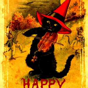 May include: A black cat wearing a red witch's hat plays a violin. The cat is surrounded by bats and a full moon. The text "Happy Halloween" is written in red at the bottom of the image.