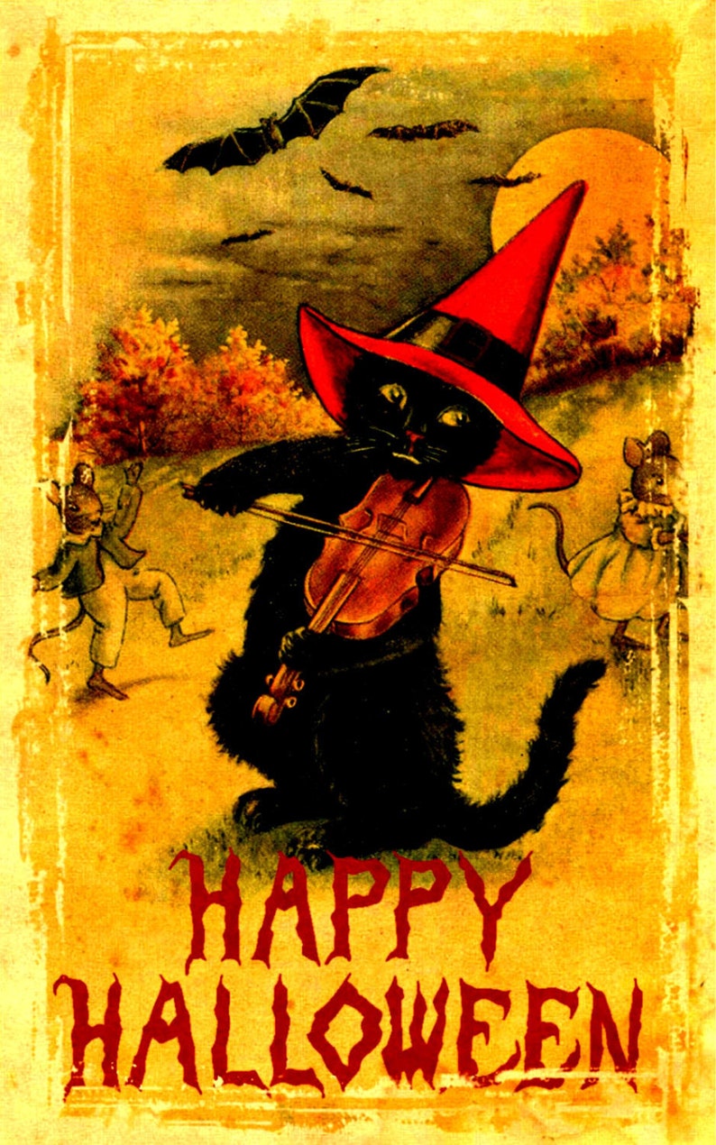 May include: A black cat wearing a red witch's hat plays a violin. The cat is surrounded by bats and a full moon. The text "Happy Halloween" is written in red at the bottom of the image.