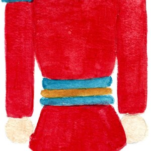 May include: A watercolor painting of a traditional nutcracker toy. The nutcracker is wearing a red uniform with gold trim, a blue hat, and black boots. The nutcracker has a white beard and mustache, and a painted face with rosy cheeks.