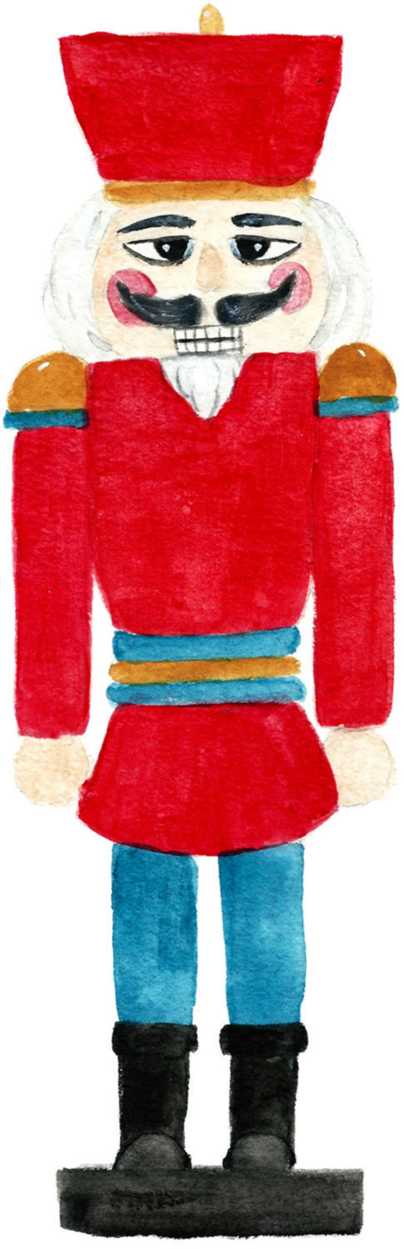 May include: A watercolor painting of a traditional nutcracker toy. The nutcracker is wearing a red uniform with gold trim, a blue hat, and black boots. The nutcracker has a white beard and mustache, and a painted face with rosy cheeks.