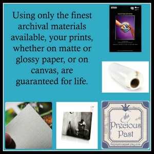 Op de afbeelding: Een collage van afbeeldingen die de hoogwaardige materialen laten zien die worden gebruikt om prints en canvas te maken. De tekst luidt "Alleen de beste archiefmaterialen worden gebruikt, uw prints, of ze nu op mat of glanzend papier zijn, of op canvas, zijn gegarandeerd voor het leven." De afbeeldingen omvatten een rol glanzend fotopapier, een close-up van de canvastextuur, een ingelijste print van een man die op een stoel zit en een logo voor "The Precious Past".