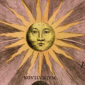 May include: A vintage illustration of the sun with a human face. The sun is depicted with a yellow face and a radiating golden halo. The text "NOVILVNVIM" is written below the sun.