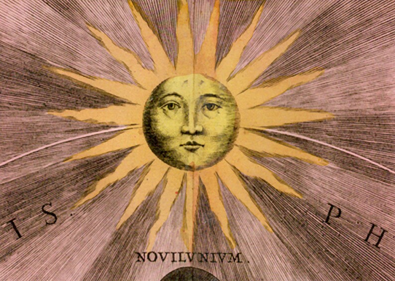 May include: A vintage illustration of the sun with a human face. The sun is depicted with a yellow face and a radiating golden halo. The text "NOVILVNVIM" is written below the sun.