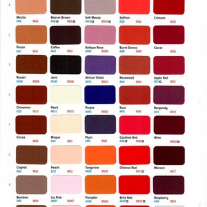 May include: A color chart with 10 columns and 10 rows of paint swatches. Each swatch is labeled with a color name and a code. The colors range from light to dark and include shades of red, orange, yellow, green, blue, purple, brown, and black.