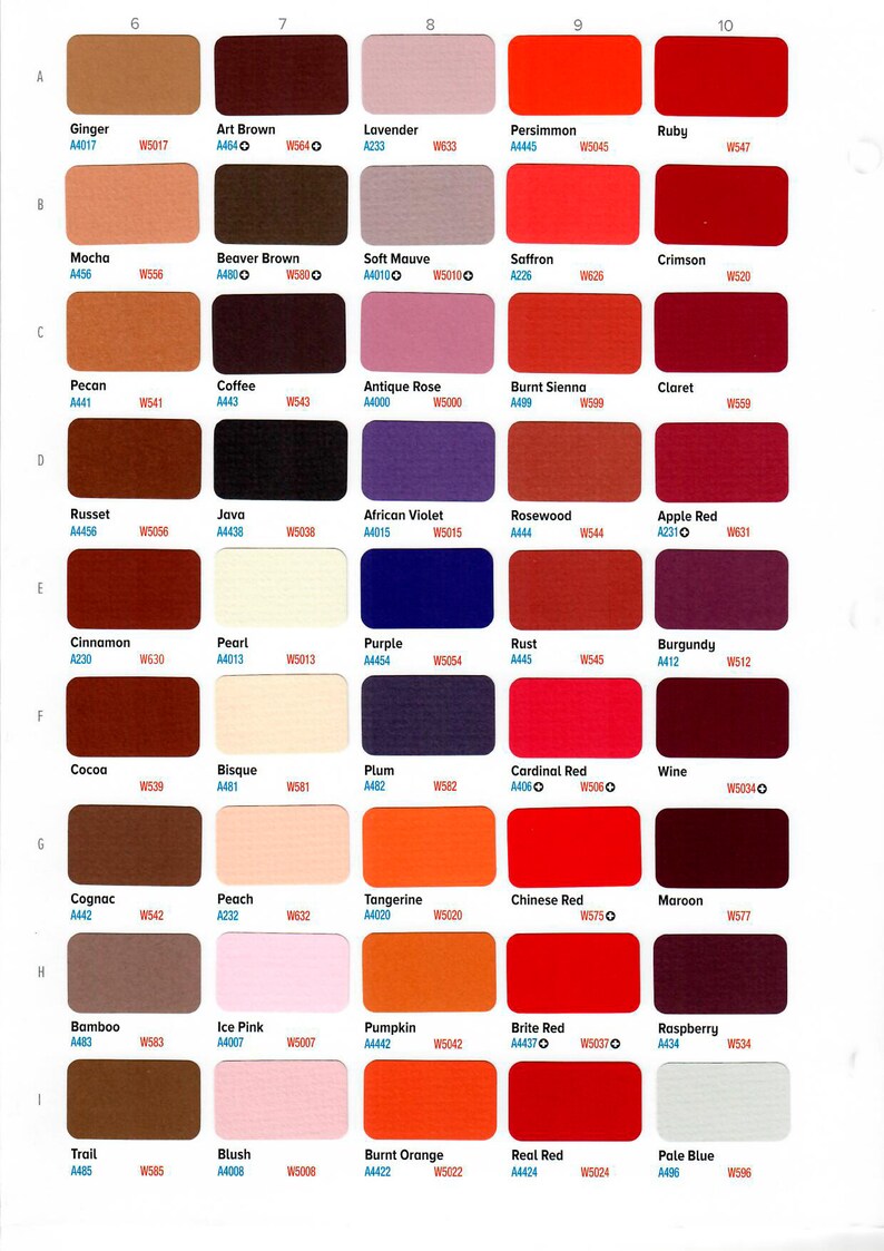 May include: A color chart with 10 columns and 10 rows of paint swatches. Each swatch is labeled with a color name and a code. The colors range from light to dark and include shades of red, orange, yellow, green, blue, purple, brown, and black.