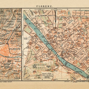 フィレンツェの地図、イタリア、地図ポスター、ビンテージ地図、フィレンツェ、ジクレー地図プリント、古地図と版画、地図装飾、地図作成、古地図アート、都市地図