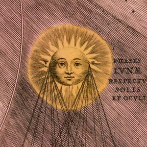 May include: A vintage illustration of the sun with a human face and rays of light. The text "Phases Evne Respectv Solis Et Occvl" is printed below the sun.