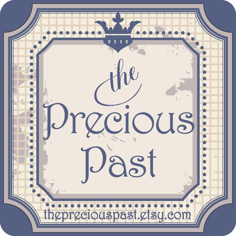 May include: A blue and white logo with the text "the Precious Past" and the website address "thepreciouspast.etsy.com".