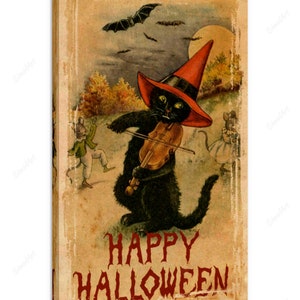 May include: A vintage Halloween illustration featuring a black cat wearing a red witch hat and playing a violin. The cat is surrounded by bats and a full moon. The text "HAPPY HALLOWEEN" is written in red letters at the bottom of the image.