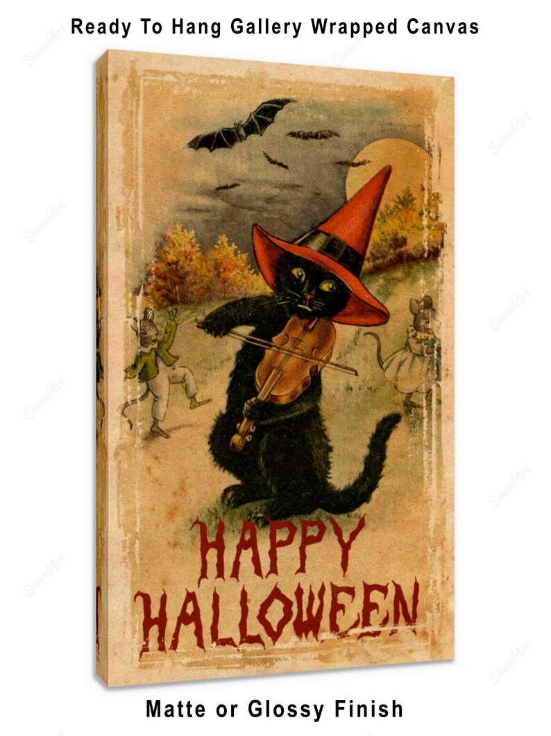 May include: A vintage Halloween illustration featuring a black cat wearing a red witch hat and playing a violin. The cat is surrounded by bats and a full moon. The text "HAPPY HALLOWEEN" is written in red letters at the bottom of the image.