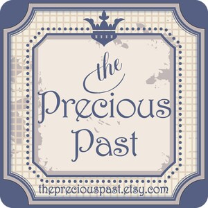 Op de afbeelding: Een blauw en wit logo met de tekst "the Precious Past" en het websiteadres "thepreciouspast.etsy.com".