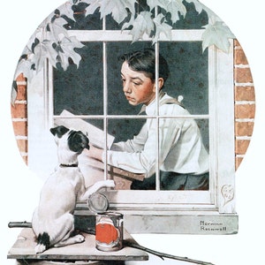Kunstdruck, Norman Rockwell, Angeln Druck, Schuljunge Blick aus dem Fenster, Fischer, Angeln Geschenke für Männer, Americana, Fischer Geschenke, Kunst