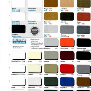 May include: Color chart with 40 different colors of paper for conservation framing. The chart is divided into 10 rows and 5 columns. Each color has a name and a code. The chart is labeled "Peterboro Conservation Solid Core" and "Peterboro Specialty Foils".