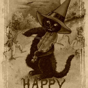 May include: A black cat wearing a witch's hat plays a violin while two mice watch. The image is in sepia tones and has the text "Happy Halloween" at the bottom.