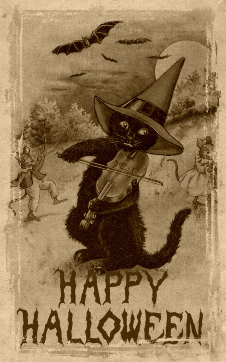May include: A black cat wearing a witch's hat plays a violin while two mice watch. The image is in sepia tones and has the text "Happy Halloween" at the bottom.