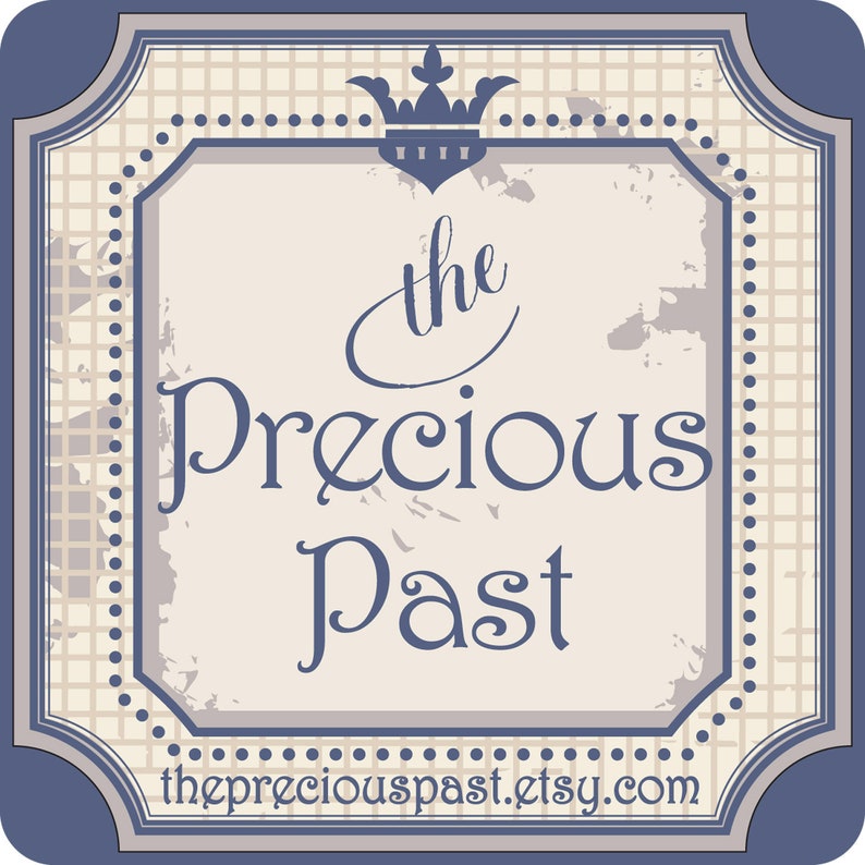 May include: A blue and white logo with the text "the Precious Past" and the website address "thepreciouspast.etsy.com".