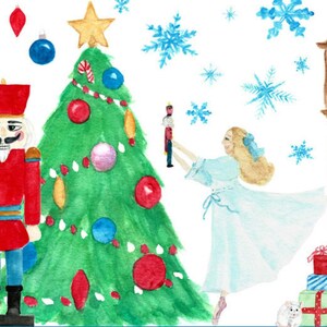 May include: A watercolor painting of a Nutcracker soldier standing next to a decorated Christmas tree. A ballerina in a blue dress is dancing in front of a clock tower. The scene is filled with snowflakes and other festive details.
