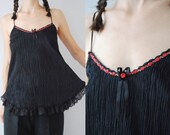 80s accordion pleat camisole, vintage lingerie camisole pleated camisole, goth, lace trim, roses, 1980s 80s, small medium
