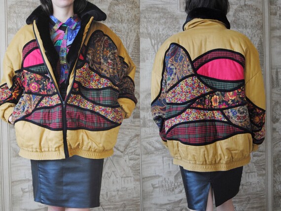 80s patchwork coat with fur collar, vintage suttle