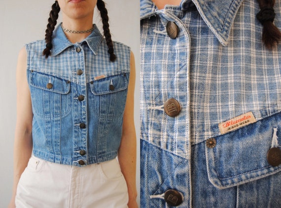 90s cropped denim vest with plaid yoke, vintage je