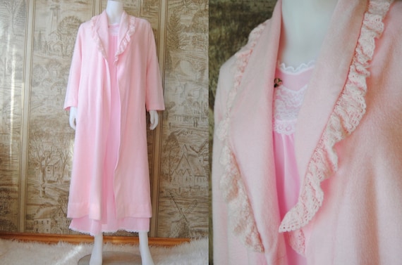 80s frilly pink house coat with ruffle neckline, v