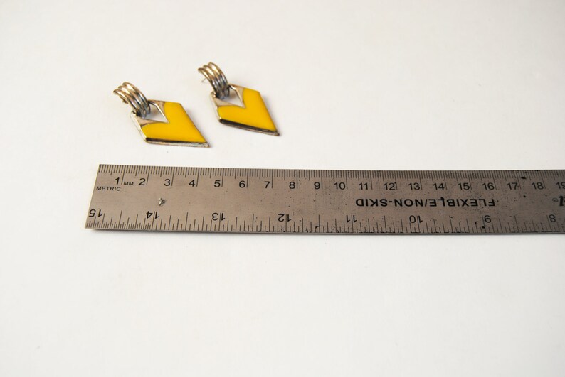 Vintage Yellow Drop Earrings 80s Yellow Enamel And Gold Triangle Earrings