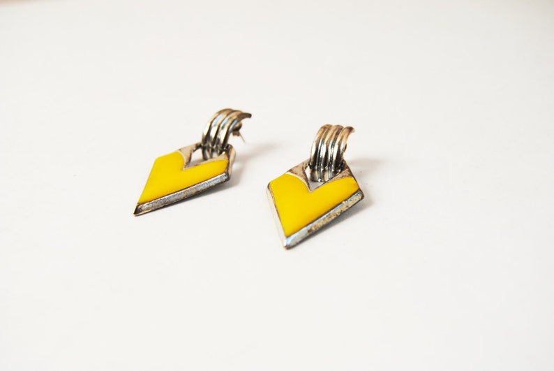 Vintage Yellow Drop Earrings 80s Yellow Enamel And Gold Triangle Earrings