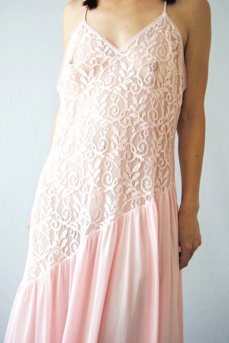 vintage see through slip floaty slip dress pretty lingerie Pink lace slip with asymmetric hem 1970s 1980s long slip baby pink