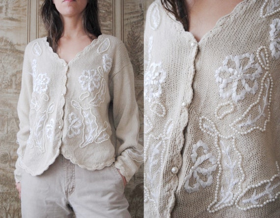 80s pearl beaded cardigan with ribbon flowers and