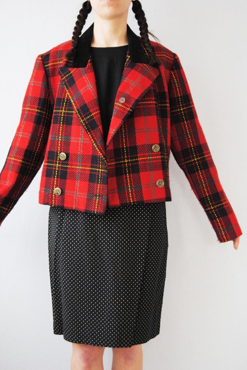 90s cropped plaid jacket vintage tartan blazer with velvet | Etsy