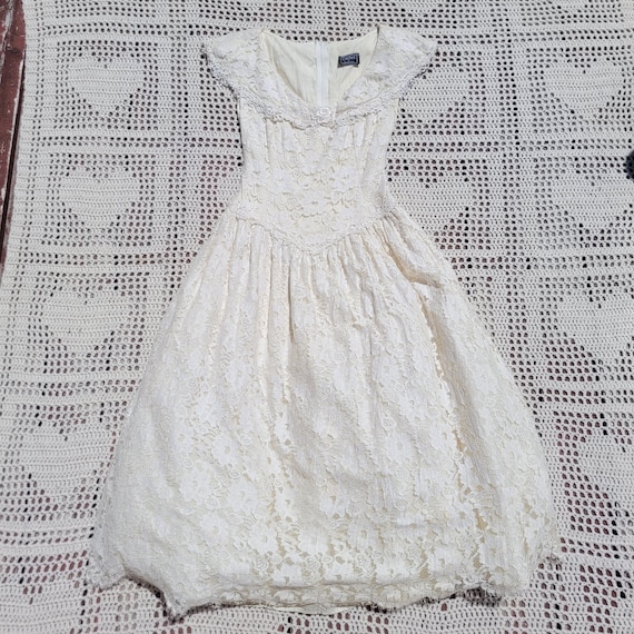 80s off shoulder wedding gown, vintage lace gown … - image 2