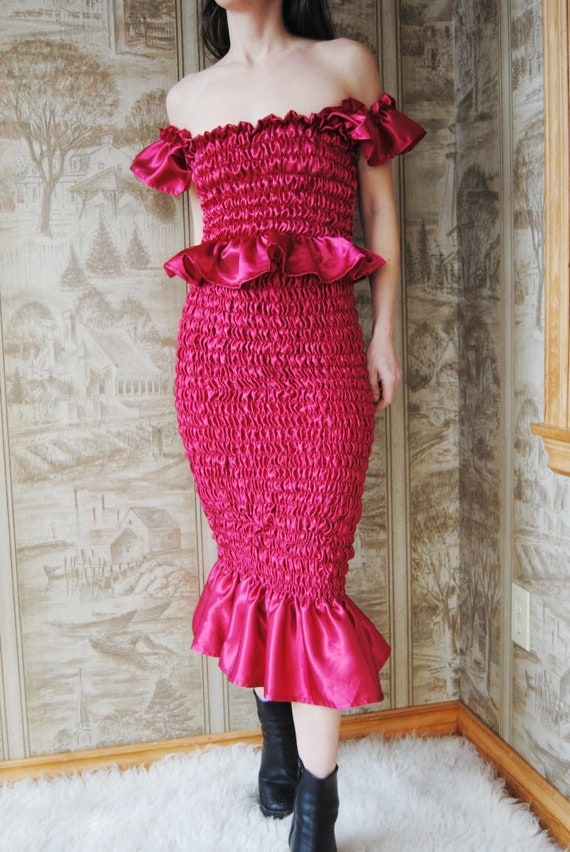 Shirred Red Satin Midi Skirt or Dress 