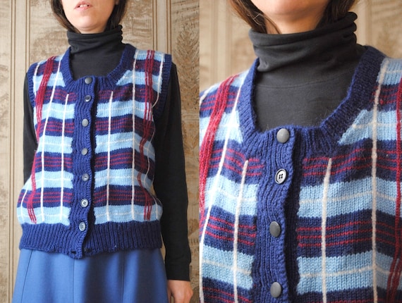 70s plaid wool sweater vest with red and blue tart