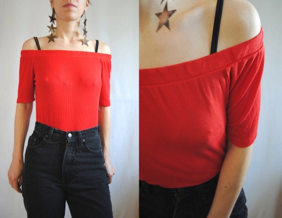 80s red bodysuit, off the shoulder bodysuit -- vin