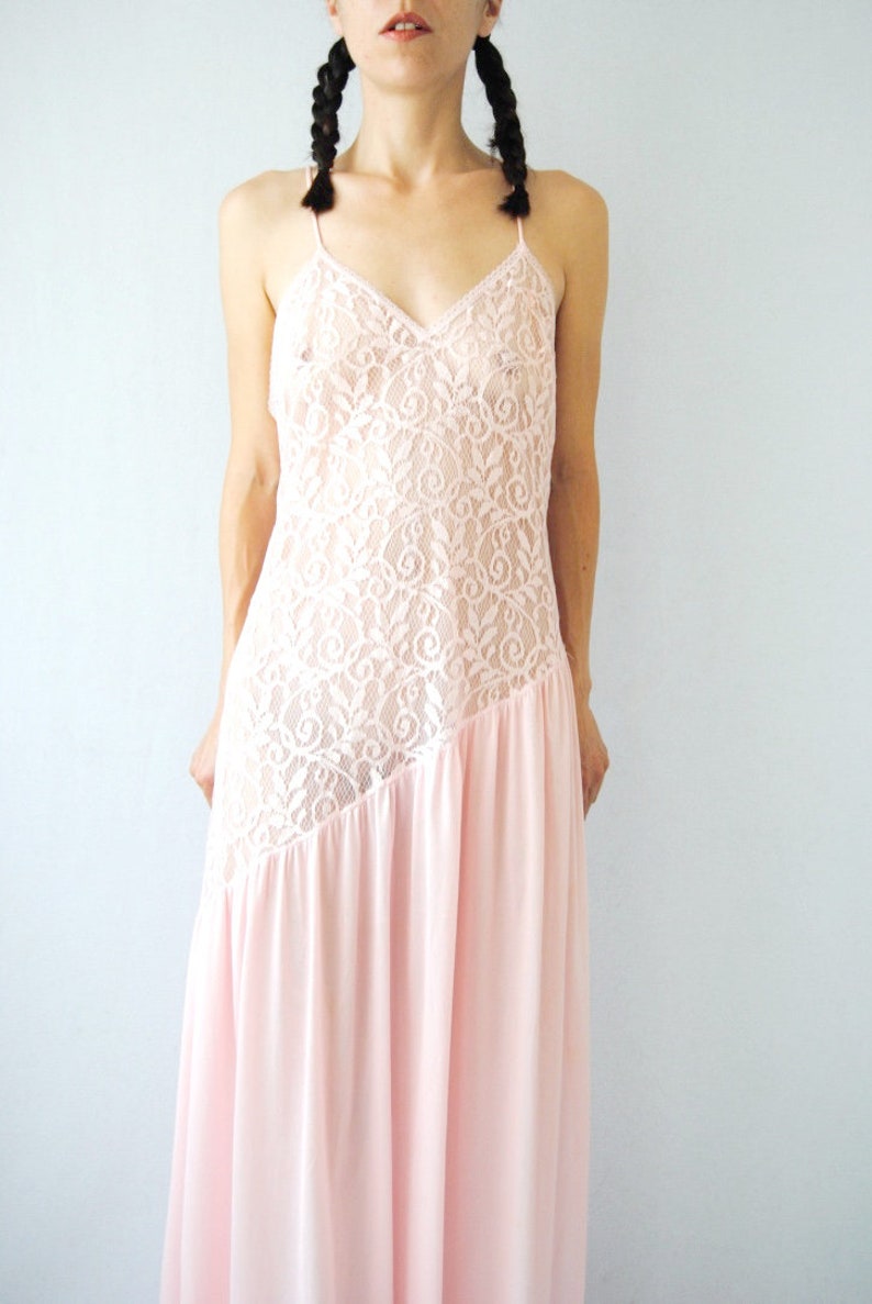vintage see through slip floaty slip dress pretty lingerie Pink lace slip with asymmetric hem 1970s 1980s long slip baby pink