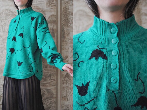 80s green floral sweater with quarter button neckl