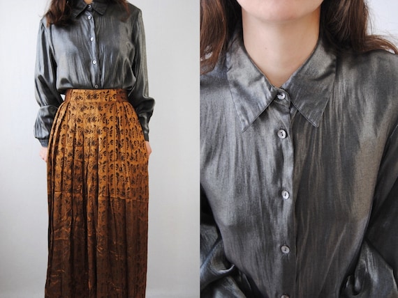 90s liquid silver blouse with bishop sleeves -- vi
