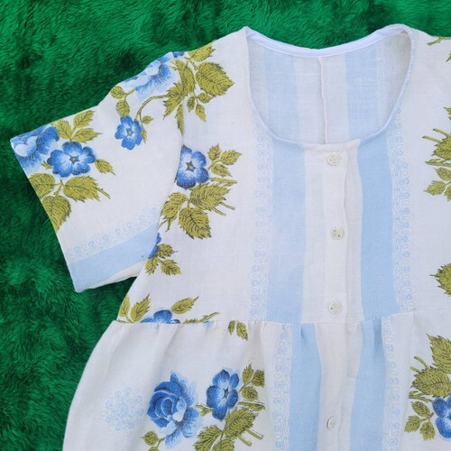Antique linen tablecloth dress with blue rose print shops -- long button down dress, linen midi dress, upcycled babydoll dress, medium