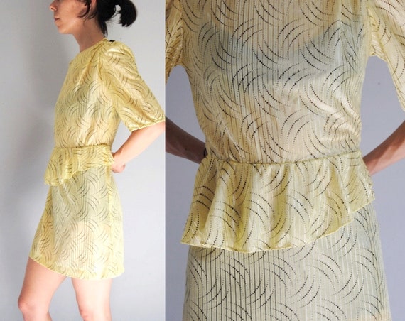 80s yellow secretary dress, vintage peplum dress -