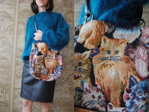 80s cat tapestry bag, vintage tapestry tote bag --