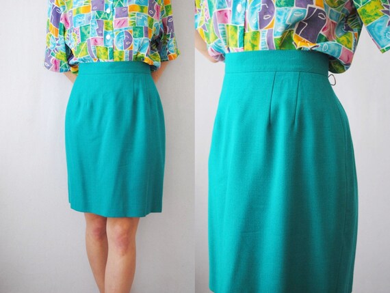 80s teal wool skirt, vintage wool pencil skirt --