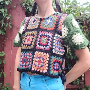 Cottage Sweater (xs/s), colorful crochet top made from a vintage granny square afghan blanket -- knit t-shirt, xs small